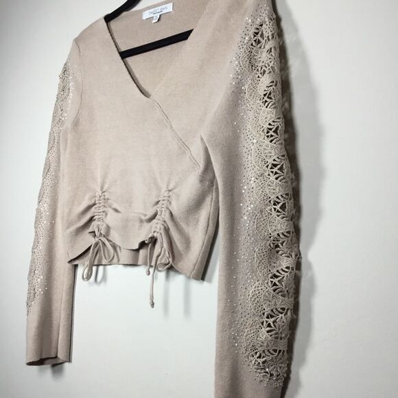 Blush pink taupe knit sweater with rhinestones and embroidery sleeve v neck XL - Picture 10 of 10